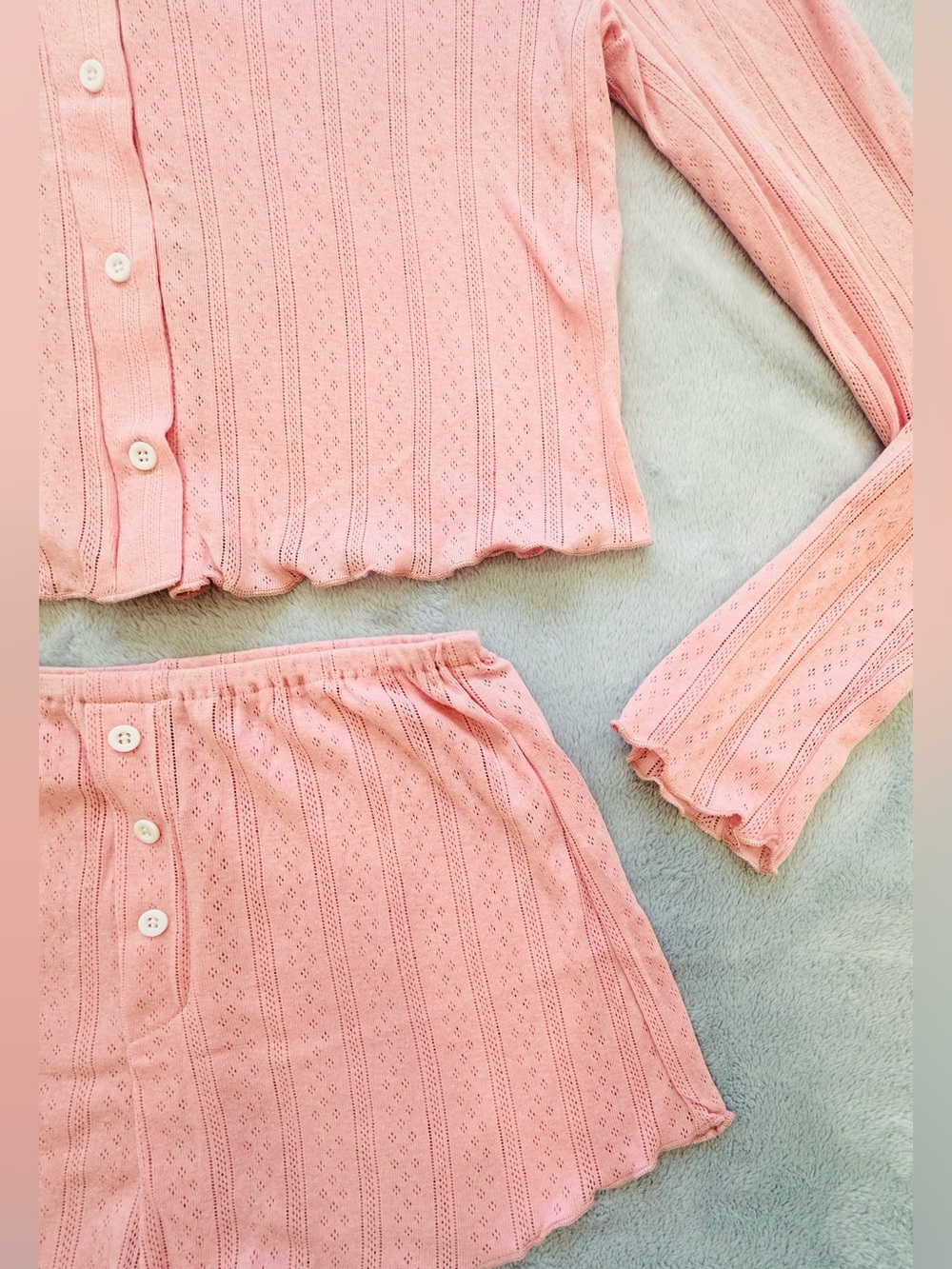 Women's Pink Ribbed Button-Front Sleep Set - Picture 4 of 7